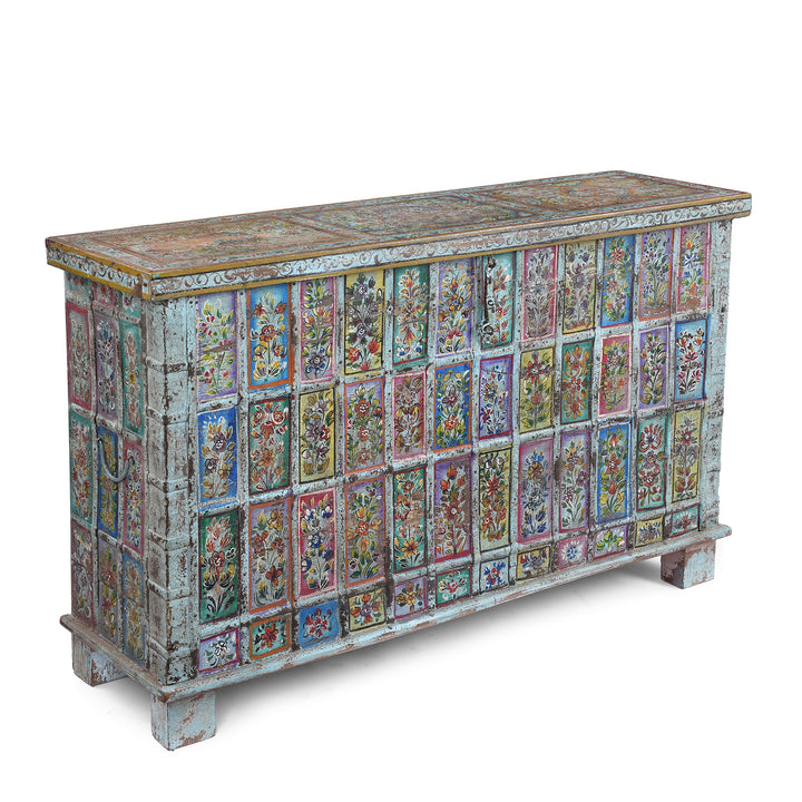 Angled View Of Vintage Indian Painted Pithara Console Chest | Indigo Antiques