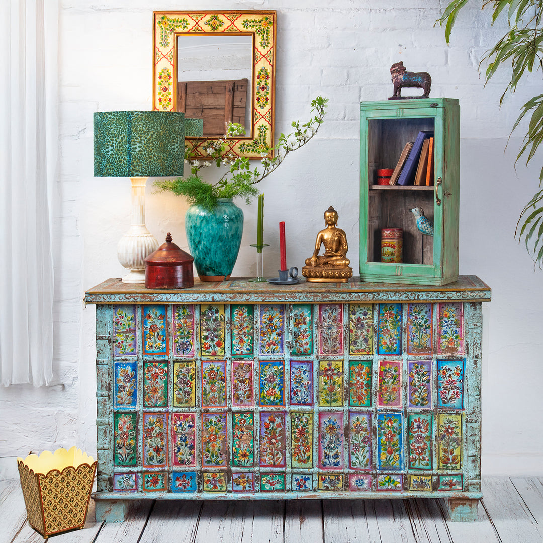 Bold & Bohemian Vintage Indian Painted Pithara Console Chest | Indigo Antiques