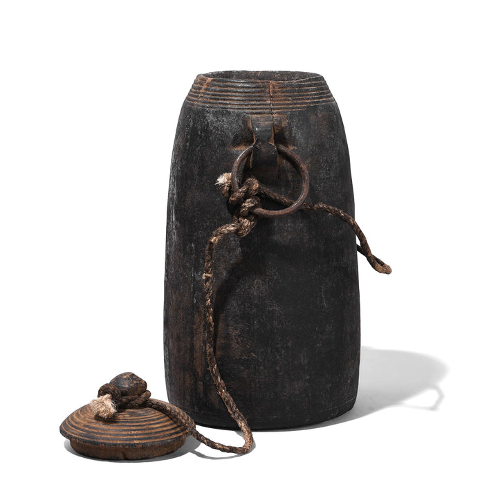 Lid Off View Of Option 1 Antique Himachal Cedar Wood Milk Pot From The Kullu Valley With Original Lid And Rope Handles