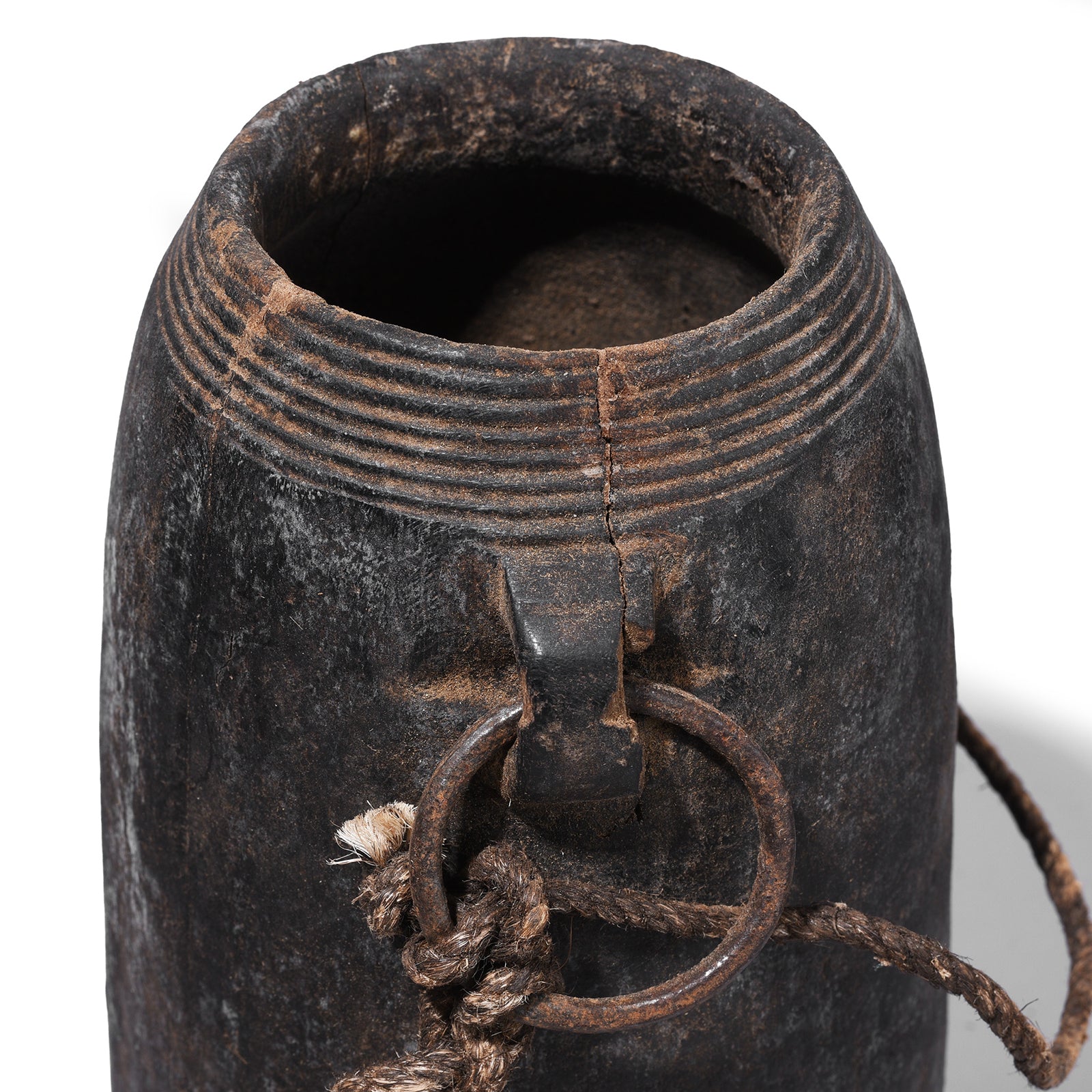 Detail From Rim Of Option 1 Antique Himachal Cedar Wood Milk Pot From The Kullu Valley With Original Lid And Rope Handles