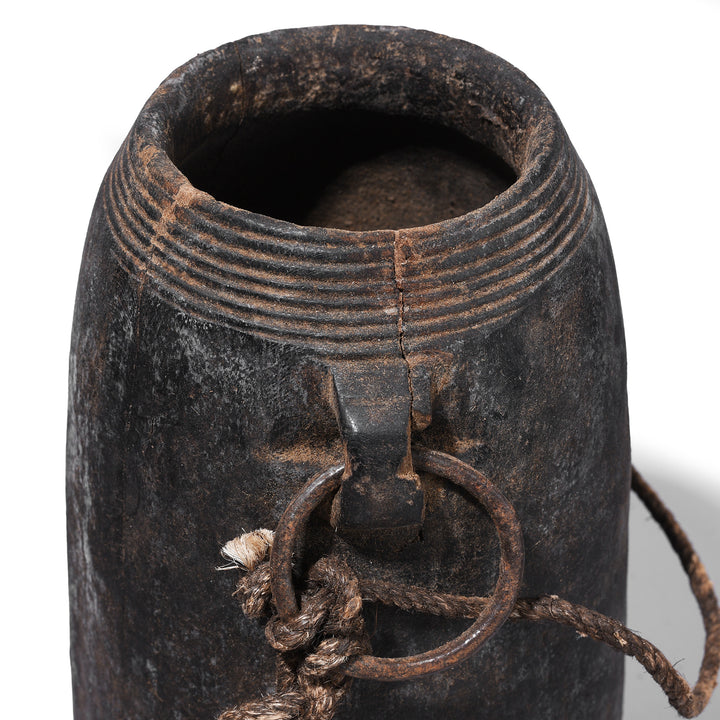 Detail From Rim Of Option 1 Antique Himachal Cedar Wood Milk Pot From The Kullu Valley With Original Lid And Rope Handles