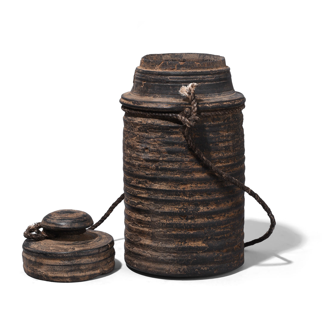 Lid Off View Of Option 2 Antique Himachal Cedar Wood Milk Pot From The Kullu Valley With Original Lid And Rope Handles
