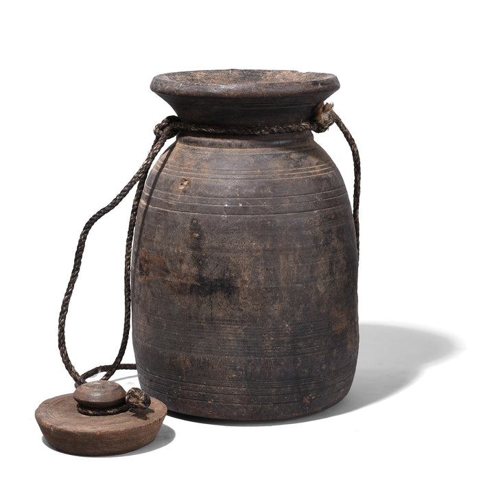 Lid Off View Of Option 3 Antique Himachal Cedar Wood Milk Pot From The Kullu Valley With Original Lid And Rope Handles