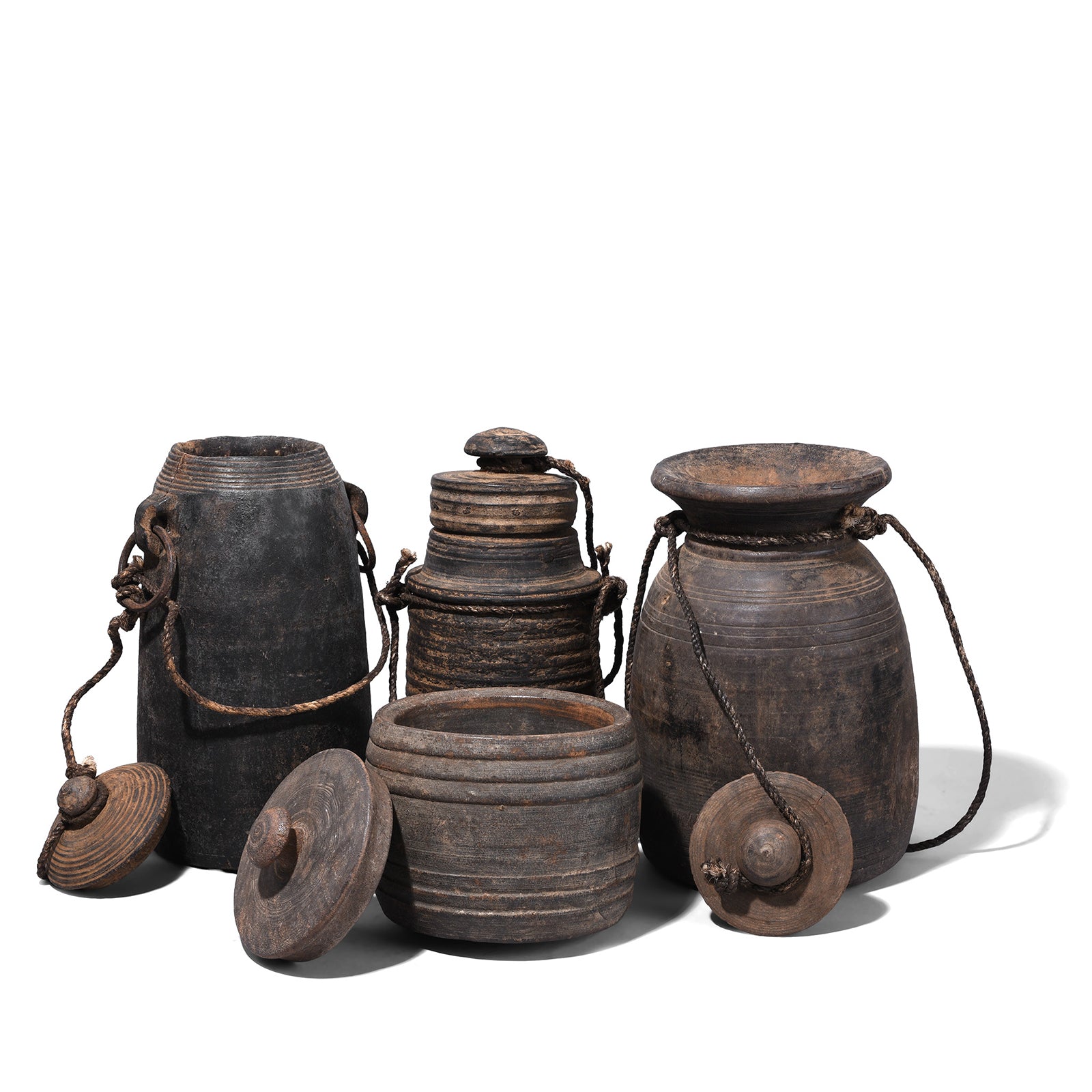 Collection Of Option 4 Antique Himachal Cedar Wood Milk Pots From The Kullu Valley.