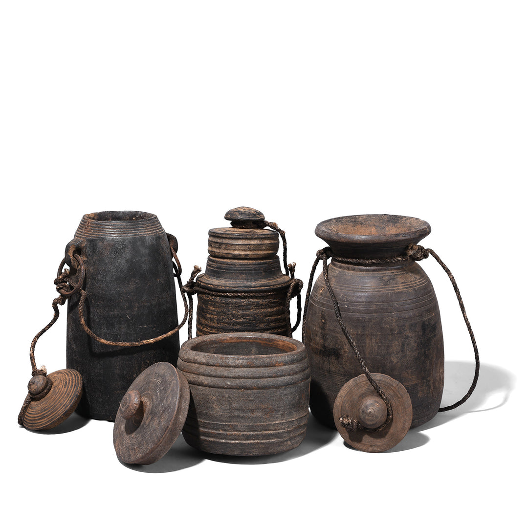 Collection Of Option 4 Antique Himachal Cedar Wood Milk Pots From The Kullu Valley.