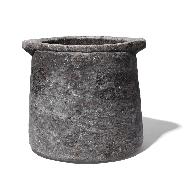 Carved Stone South Indian Pot With Thick Walls And Weathered Surface