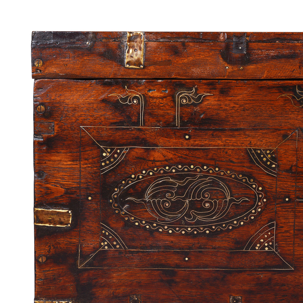 Corner Detail From Antique Anglo Burmese Teak Military Chest With Brass Wire Inlay And Original Brass Fittings 19th Century