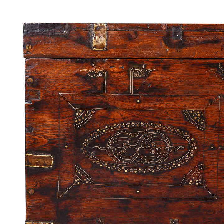Corner Detail From Antique Anglo Burmese Teak Military Chest With Brass Wire Inlay And Original Brass Fittings 19th Century