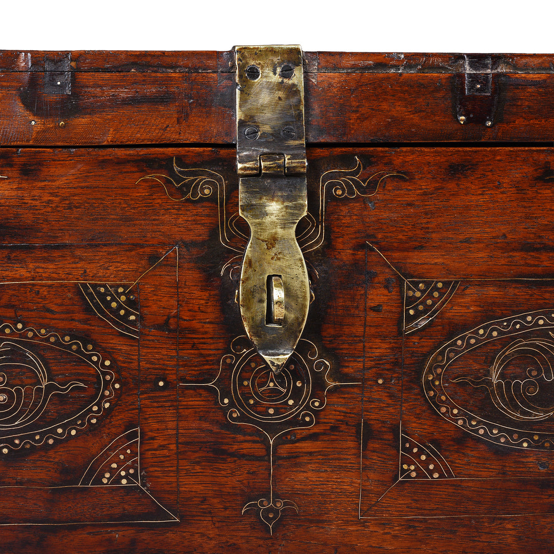 Latch Detail From Antique Anglo Burmese Teak Military Chest With Brass Wire Inlay And Original Brass Fittings 19th Century