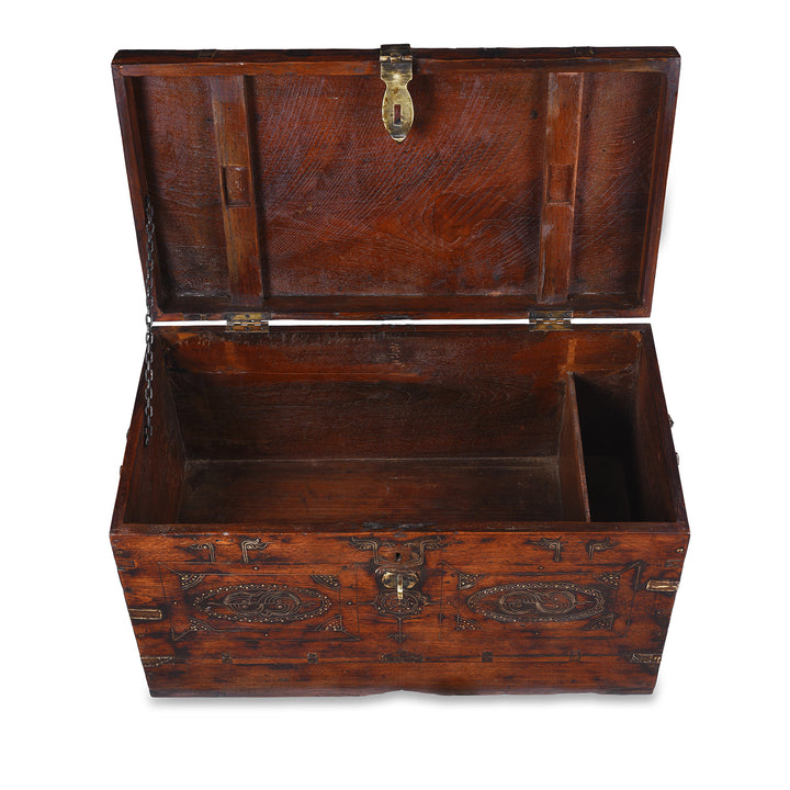 Interior Of Antique Anglo Burmese Teak Military Chest With Brass Wire Inlay And Original Brass Fittings 19th Century