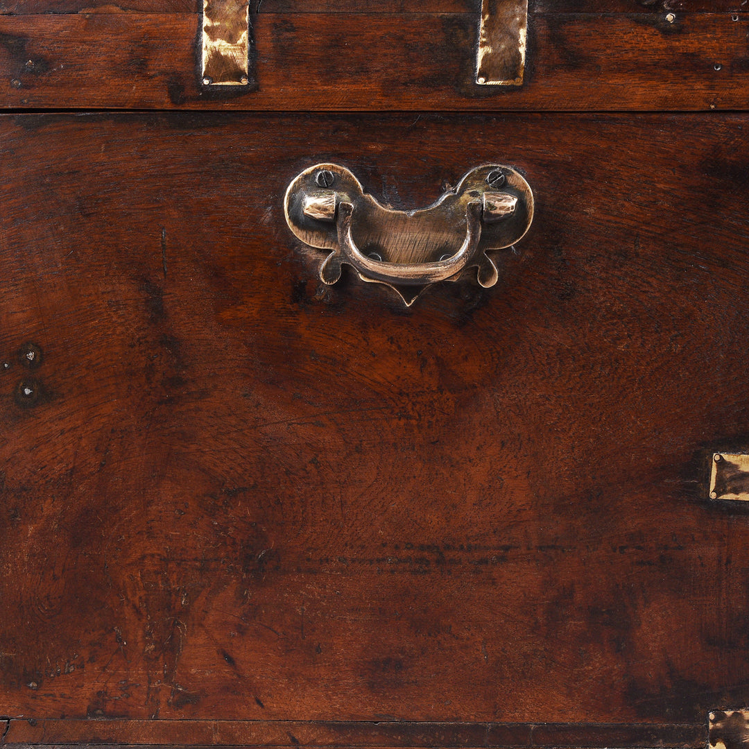 Handle Detail From Antique Anglo Burmese Teak Military Chest With Brass Wire Inlay And Original Brass Fittings 19th Century