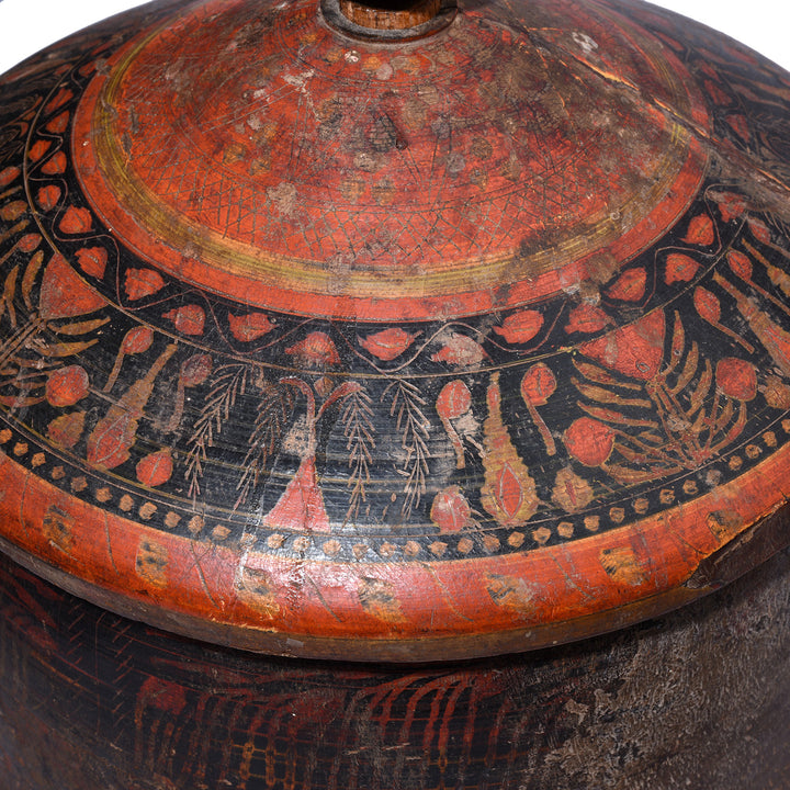 Detail From 19Th Century Sindh Lacquered Turban Box With Hand Turned Wood Construction And Red Black Floral Decoration | Indigo Antiques