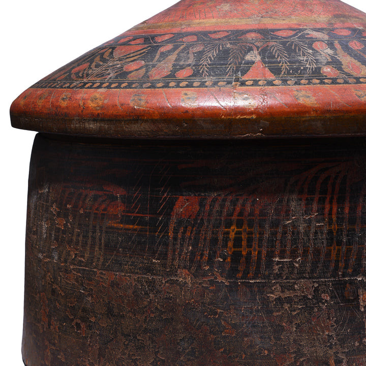 Artwork Detail From 19Th Century Sindh Lacquered Turban Box With Hand Turned Wood Construction And Red Black Floral Decoration | Indigo Antiques