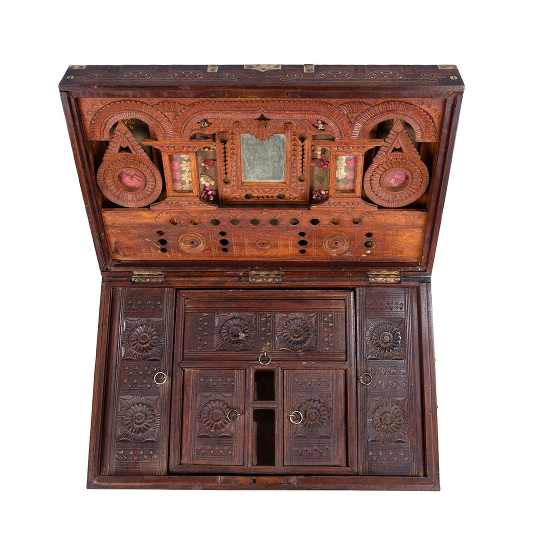 Top Down VIew Of 19th Century Anglo Burmese Brass Bound Teak Military Chest With Brass Wire Inlay And Carved Interior Compartments