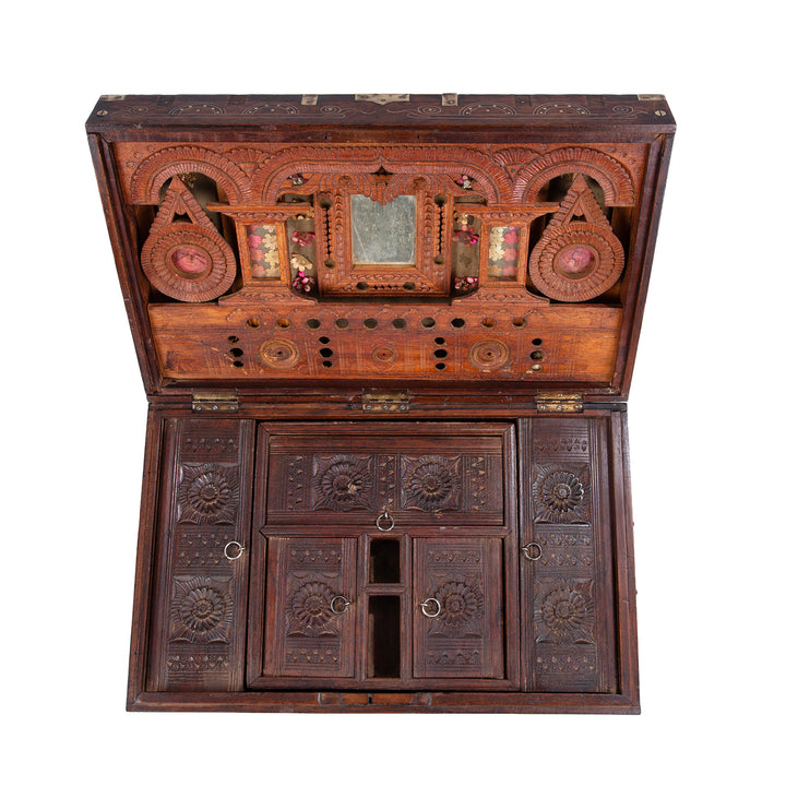 Top Down VIew Of 19th Century Anglo Burmese Brass Bound Teak Military Chest With Brass Wire Inlay And Carved Interior Compartments