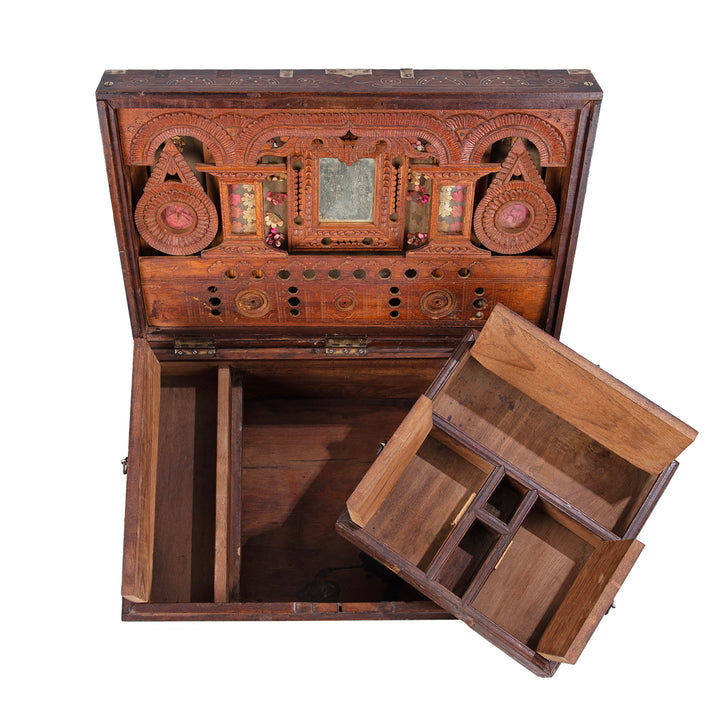 Interior Detail From 19th Century Anglo Burmese Brass Bound Teak Military Chest With Brass Wire Inlay And Carved Interior Compartments