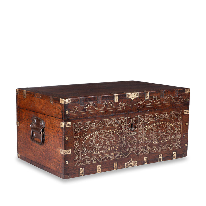 Angled View Of 19th Century Anglo Burmese Brass Bound Teak Military Chest With Brass Wire Inlay And Carved Interior Compartments