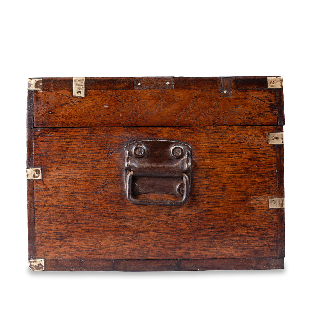 Side View Of 19th Century Anglo Burmese Brass Bound Teak Military Chest With Brass Wire Inlay And Carved Interior Compartments