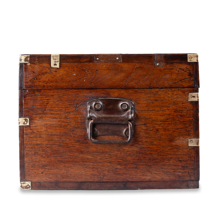 Side View Of 19th Century Anglo Burmese Brass Bound Teak Military Chest With Brass Wire Inlay And Carved Interior Compartments