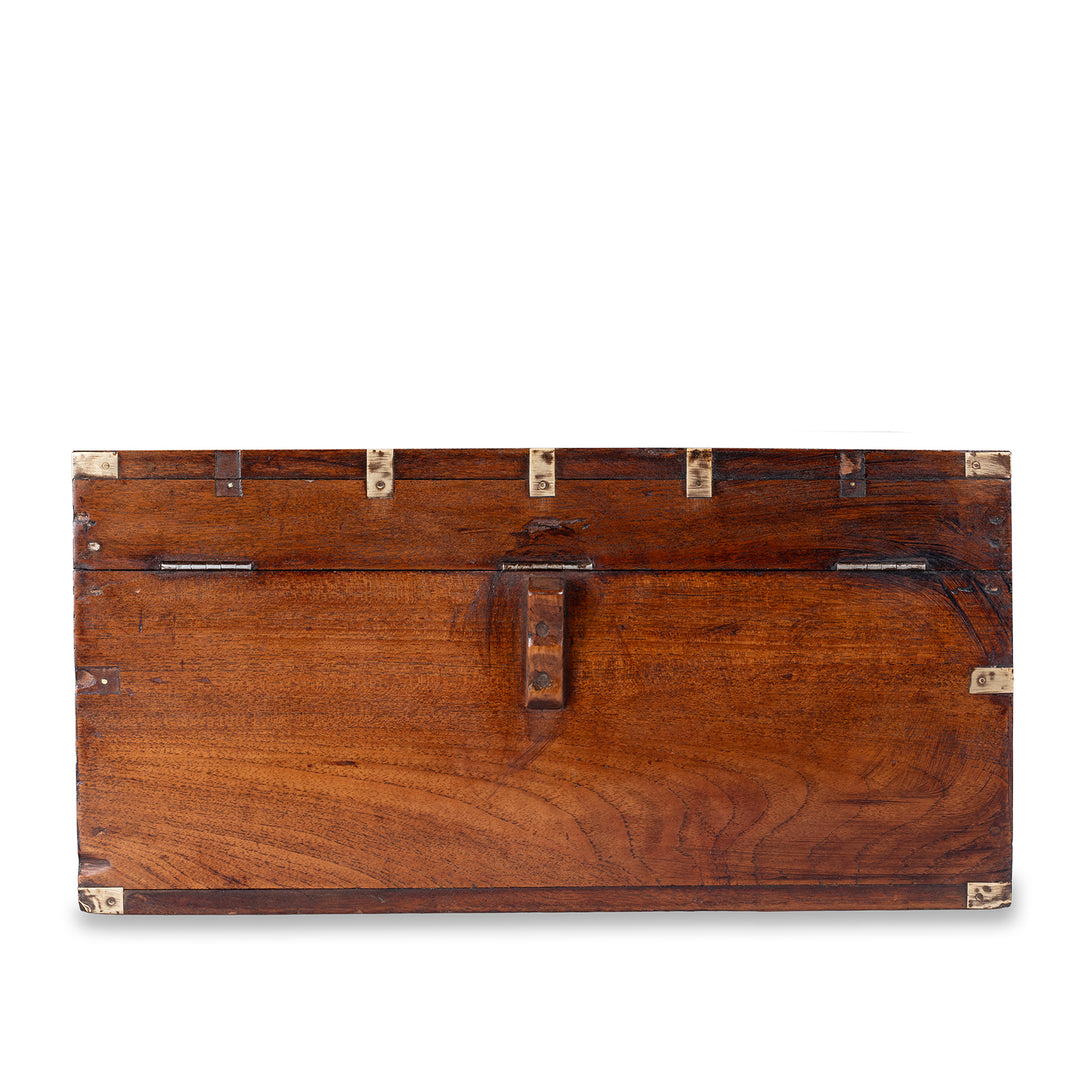 Back Of 19th Century Anglo Burmese Brass Bound Teak Military Chest With Brass Wire Inlay And Carved Interior Compartments