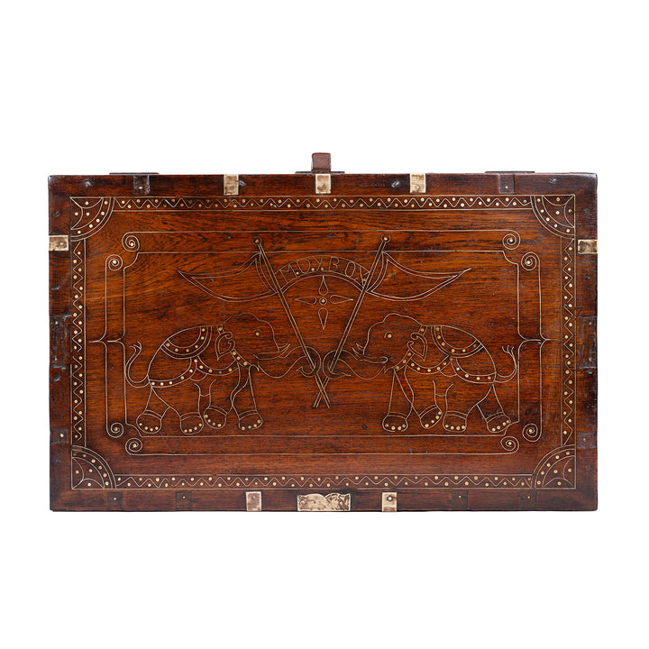 Top Down View Of 19th Century Anglo Burmese Brass Bound Teak Military Chest With Brass Wire Inlay And Carved Interior Compartments