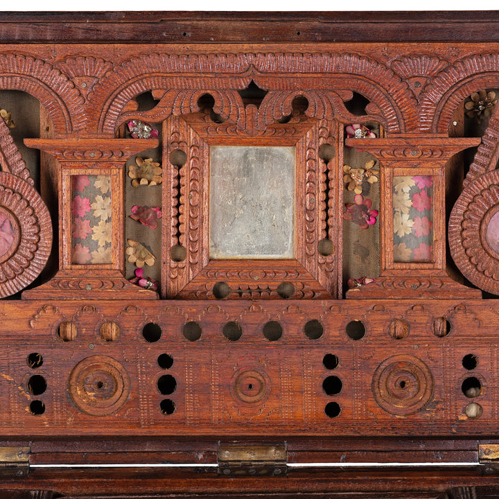 Lid Interior Detail From 19th Century Anglo Burmese Brass Bound Teak Military Chest With Brass Wire Inlay And Carved Interior Compartments