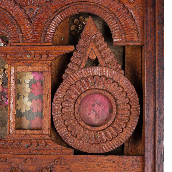 Carving Detail From 19th Century Anglo Burmese Brass Bound Teak Military Chest With Brass Wire Inlay And Carved Interior Compartments