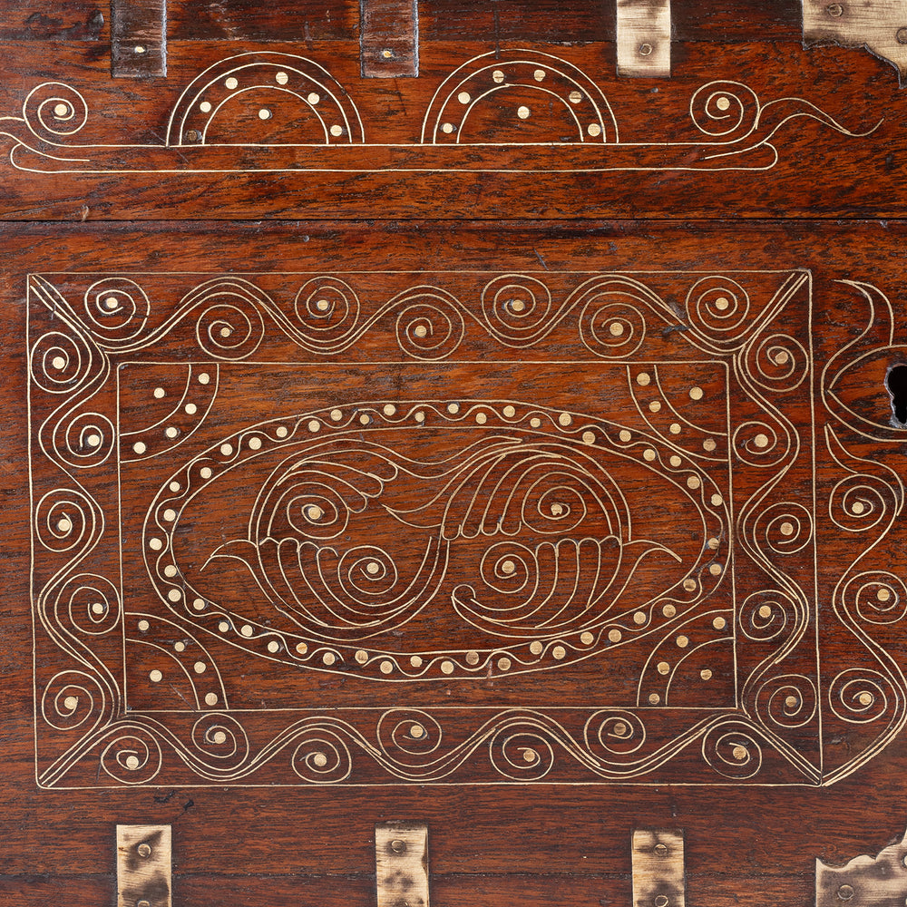 Detail From 19th Century Anglo Burmese Brass Bound Teak Military Chest With Brass Wire Inlay And Carved Interior Compartments