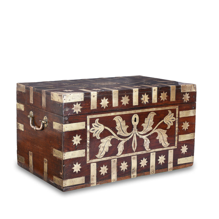 Angled View Of Brass Bound Malabar Rosewood Chest With Fitted Interior From Kutch Gujarat