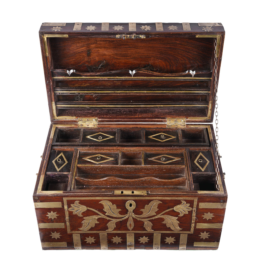 Interior Top Down View Of Brass Bound Malabar Rosewood Chest With Fitted Interior From Kutch Gujarat