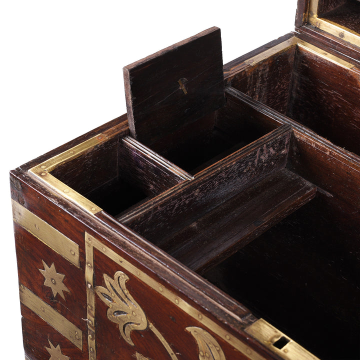 Detailed View Of Internal Storage From Brass Bound Malabar Rosewood Chest With Fitted Interior From Kutch Gujarat