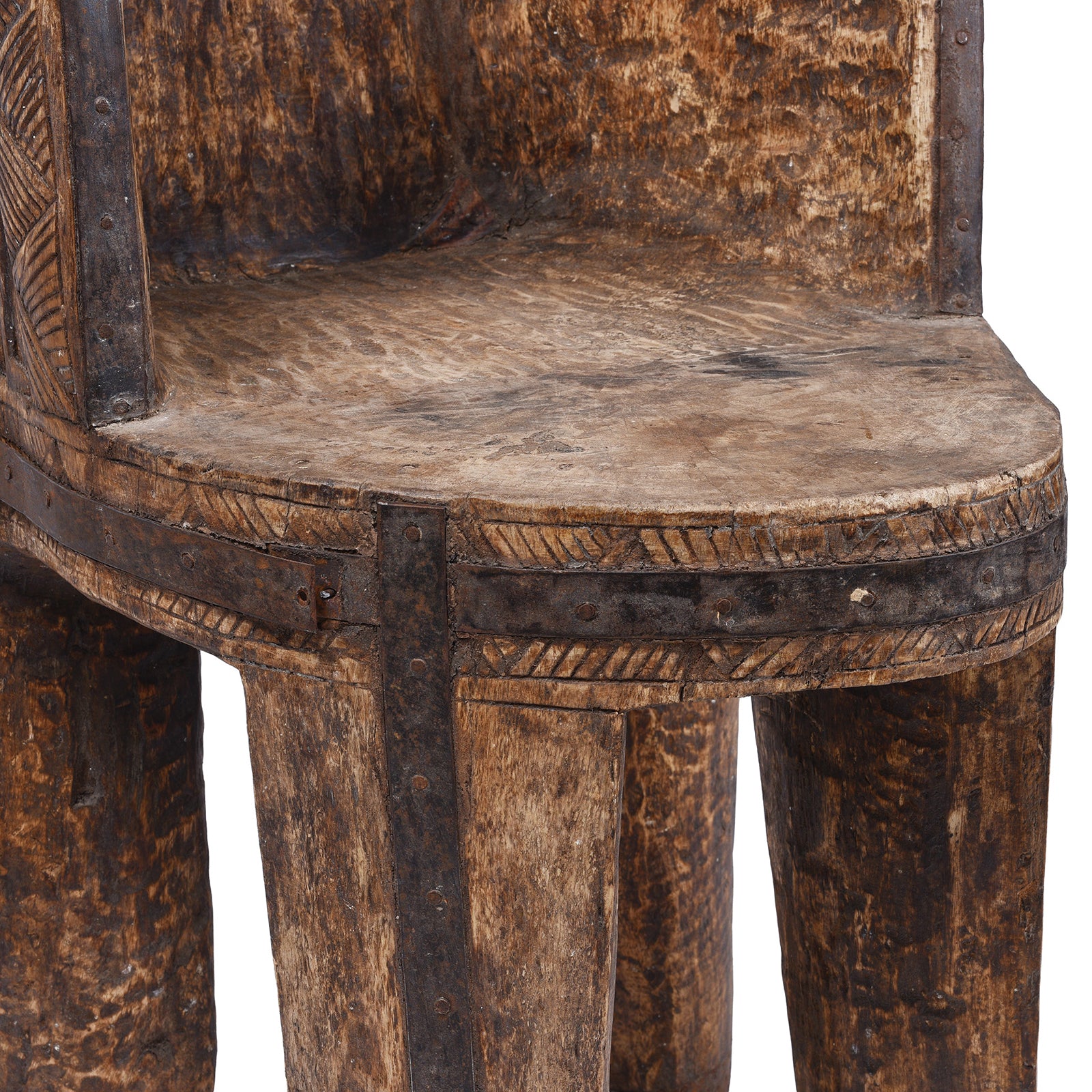 Seat Detail From Hand Carved Naga Tribal Chair From Nagaland With Figural Decoration And Deep Patina | Indigo Antiques