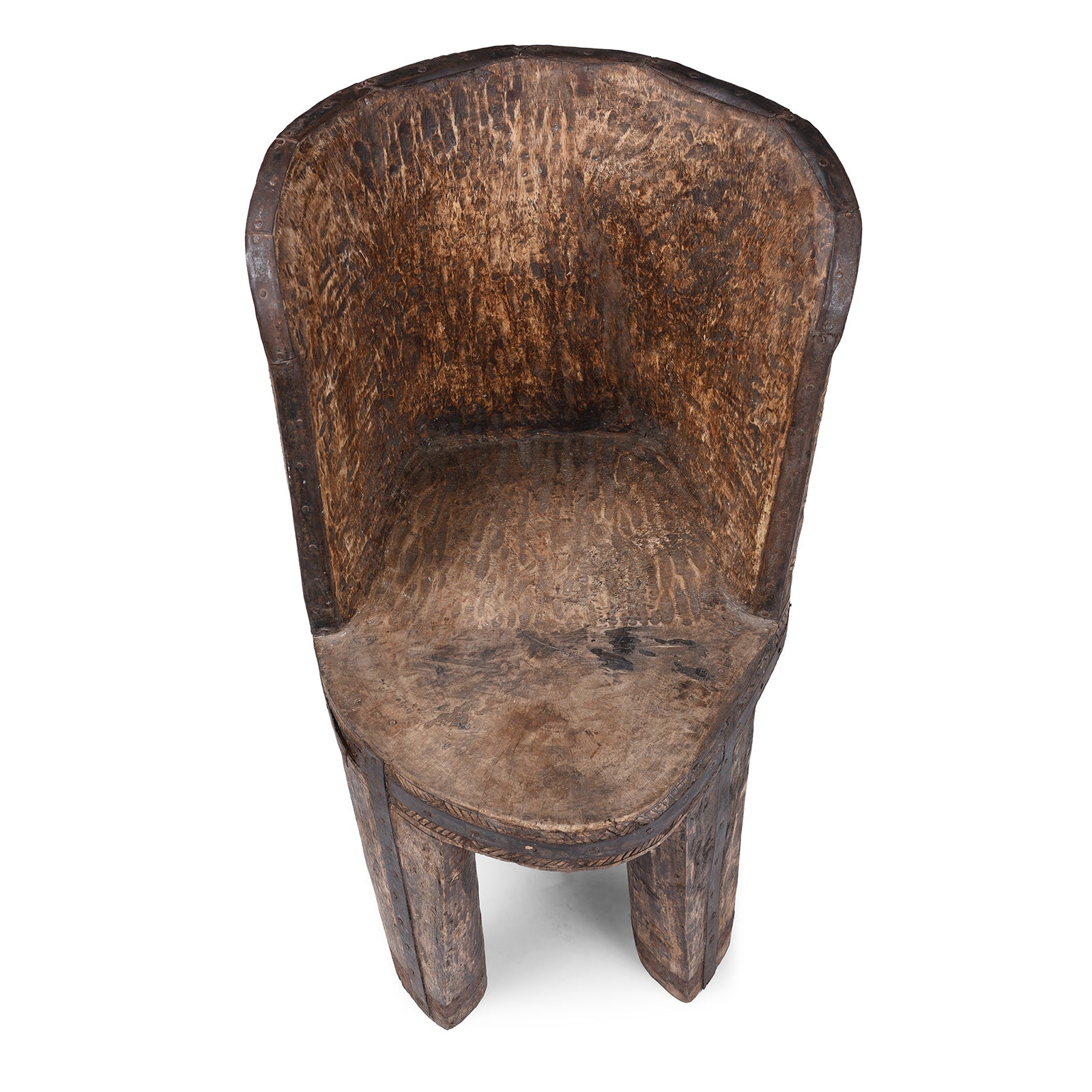 Top Down View Of Hand Carved Naga Tribal Chair From Nagaland With Figural Decoration And Deep Patina | Indigo Antiques