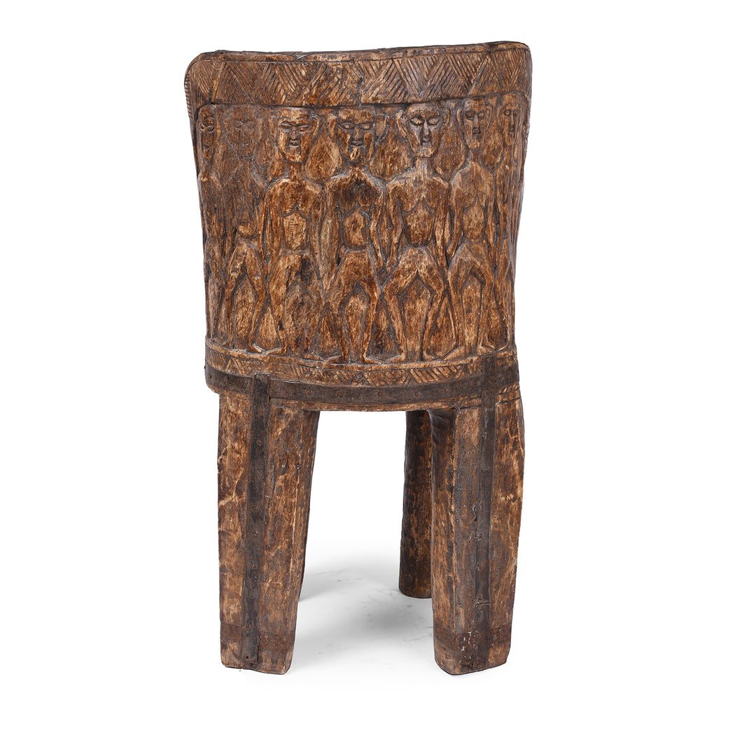Back Of Hand Carved Naga Tribal Chair From Nagaland With Figural Decoration And Deep Patina | Indigo Antiques