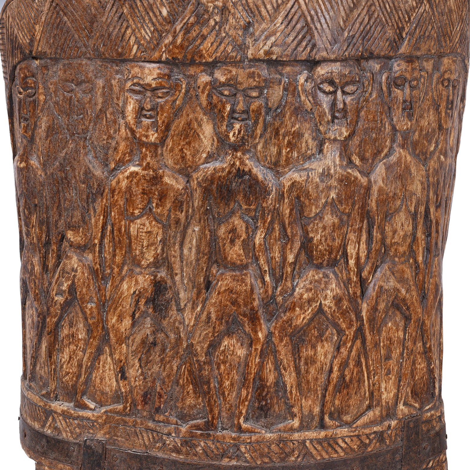 Close Up Of Figures From Back Of Hand Carved Naga Tribal Chair From Nagaland With Figural Decoration And Deep Patina | Indigo Antiques