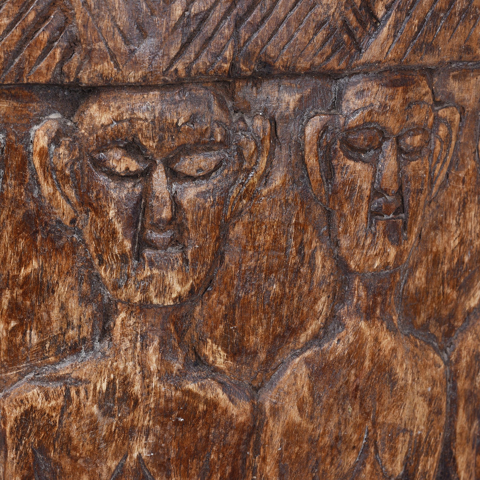 Face Detail From Hand Carved Naga Tribal Chair From Nagaland With Figural Decoration And Deep Patina | Indigo Antiques