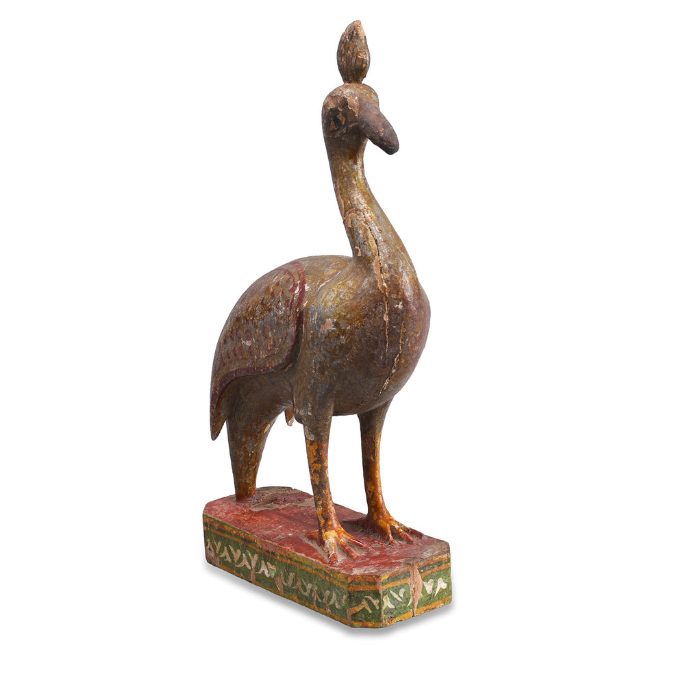 Angled View Of Polychromed Indian Peacock Figure From Surat With Original Painted And Gilded Finish Circa 1900
