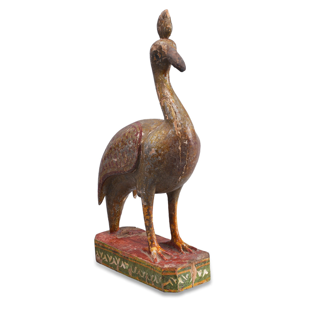 Angled View Of Polychromed Indian Peacock Figure From Surat With Original Painted And Gilded Finish Circa 1900