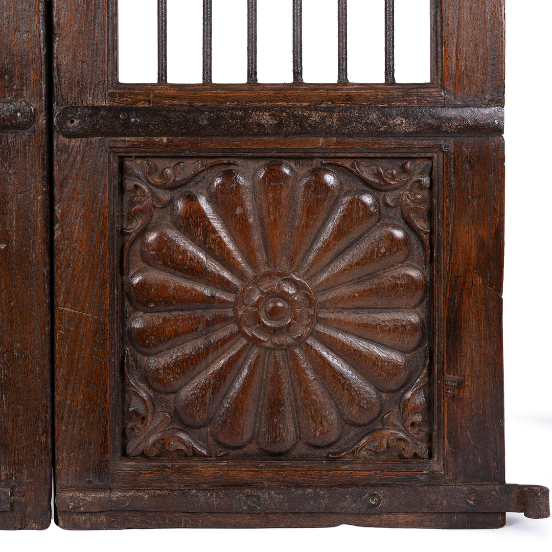 Carving Detail From Carved Teak Dog Gates From Gujarat With Floral And Sunburst Panels 19th Century