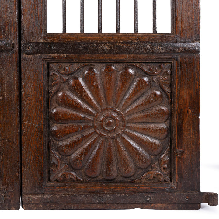 Carving Detail From Carved Teak Dog Gates From Gujarat With Floral And Sunburst Panels 19th Century