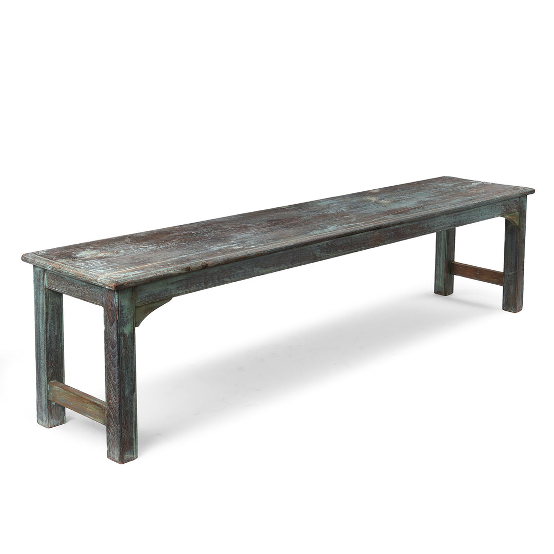 Angled View Of Indian Green Painted Reclaimed Teak Bench With Rustic Finish And Simple Rectangular Form