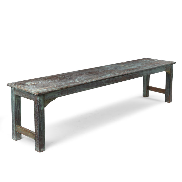 Angled View Of Indian Green Painted Reclaimed Teak Bench With Rustic Finish And Simple Rectangular Form