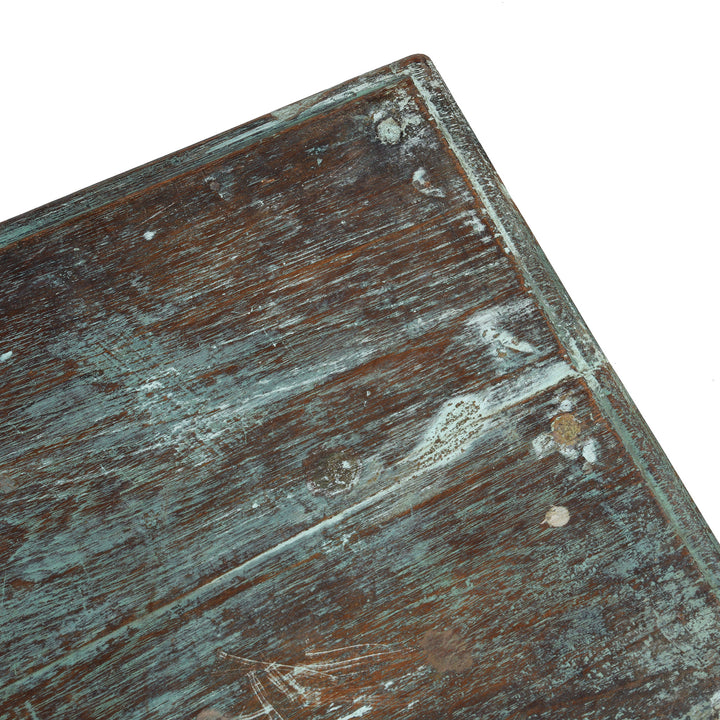 Corner Detail From Indian Green Painted Reclaimed Teak Bench With Rustic Finish And Simple Rectangular Form