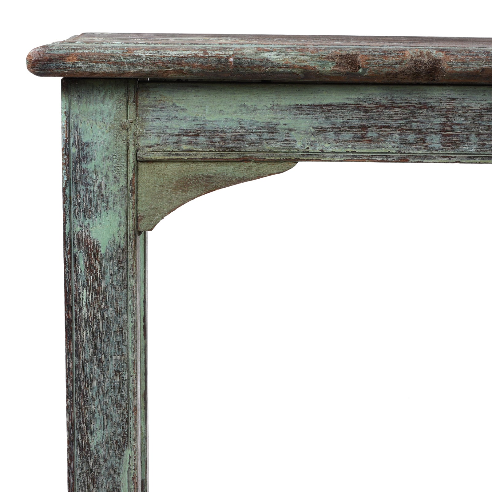Corner Detail From Indian Green Painted Reclaimed Teak Bench With Rustic Finish And Simple Rectangular Form