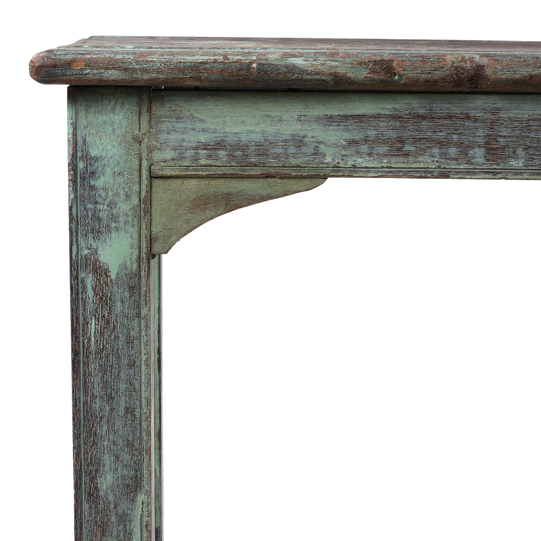 Corner Detail From Indian Green Painted Reclaimed Teak Bench With Rustic Finish And Simple Rectangular Form