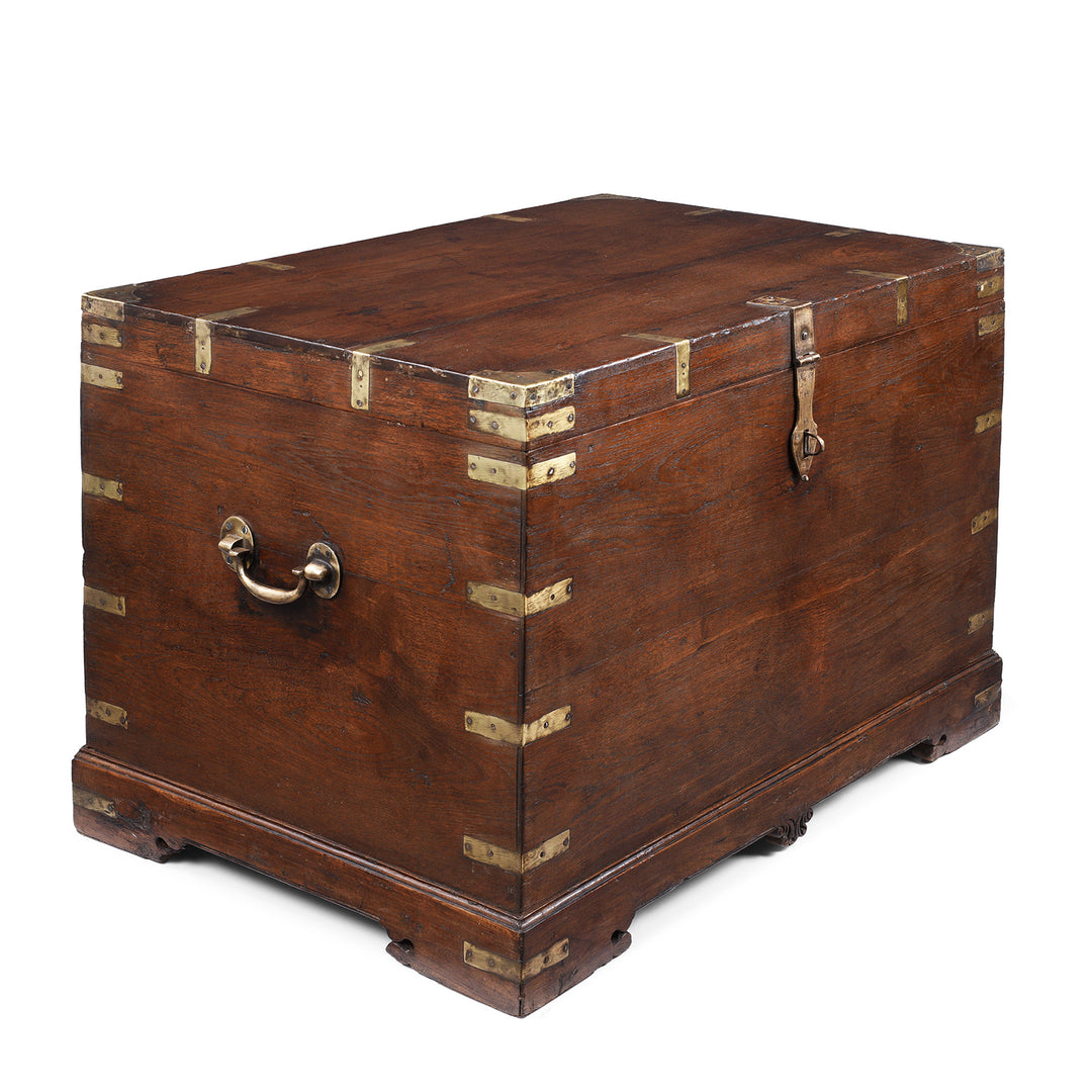 Angled VIew Of Antique Indian Brass Bound Teak Military Chest | Indigo Antiques