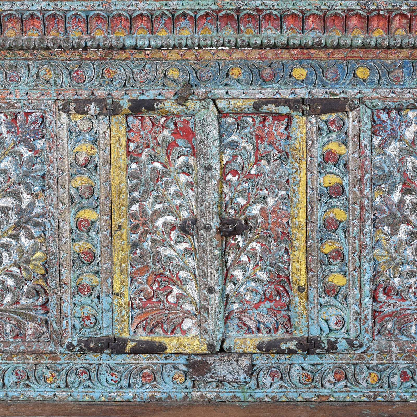 Painted Doors Detail From Antique Gujarati Majus Dowry Chest With Painted Floral Carving And Horse Head Finials