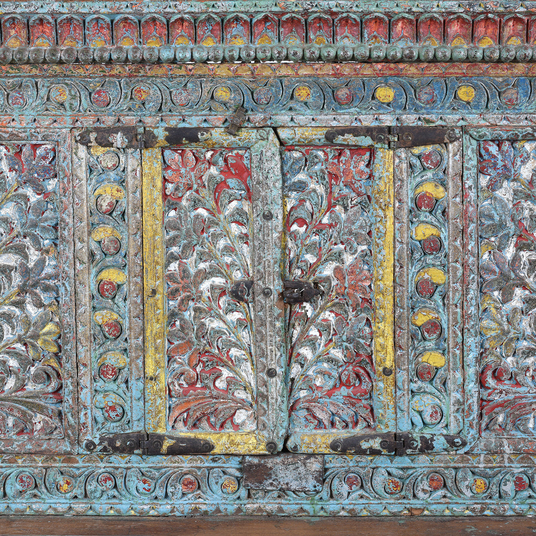 Painted Doors Detail From Antique Gujarati Majus Dowry Chest With Painted Floral Carving And Horse Head Finials