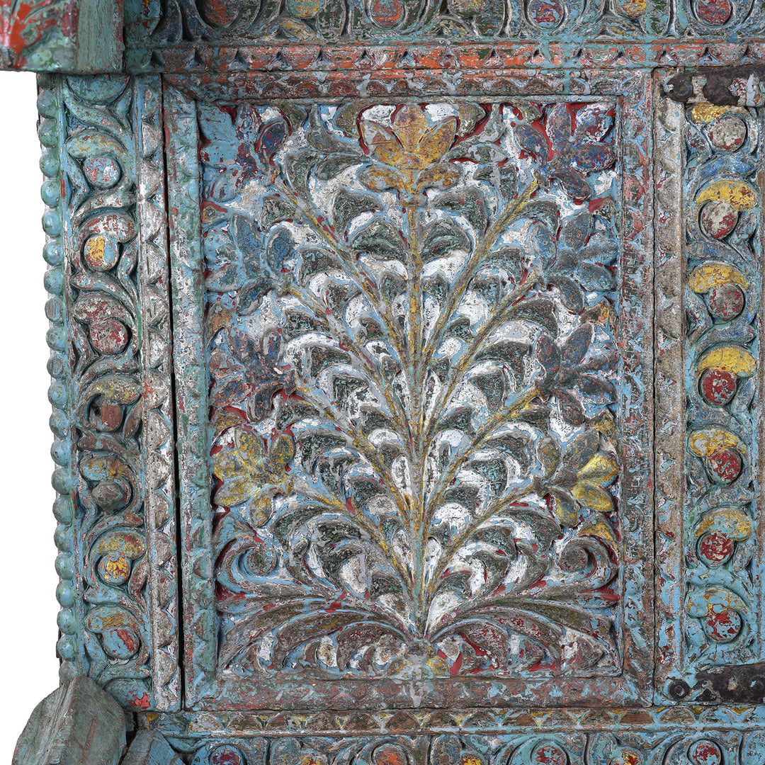 Floral Detail From Antique Gujarati Majus Dowry Chest With Painted Floral Carving And Horse Head Finials