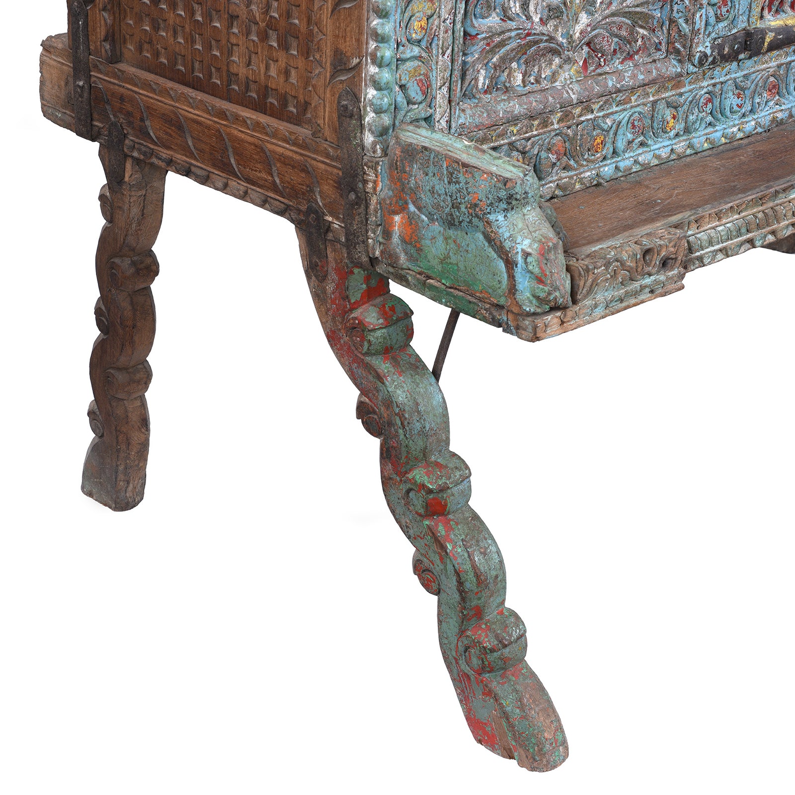 Carved Leg Detail From Antique Gujarati Majus Dowry Chest With Painted Floral Carving And Horse Head Finials